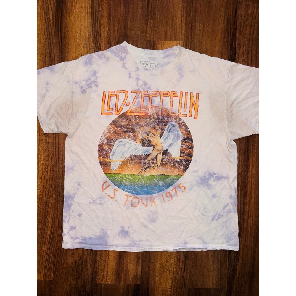 Led Zeppelin US Tour 1975 Tie Dye Graphic T-Shirt Purple White Distressed